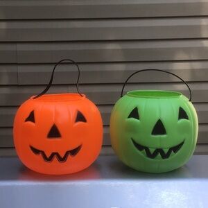 Two Vintage Blow Mold Pumpkin Treat Pails, Empire & General Foam
